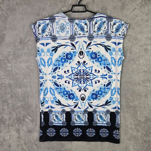 Womens Mely New York Blue & White Print Sleeveless Top Short Sleeve Polyester L - Picture 5 of 8